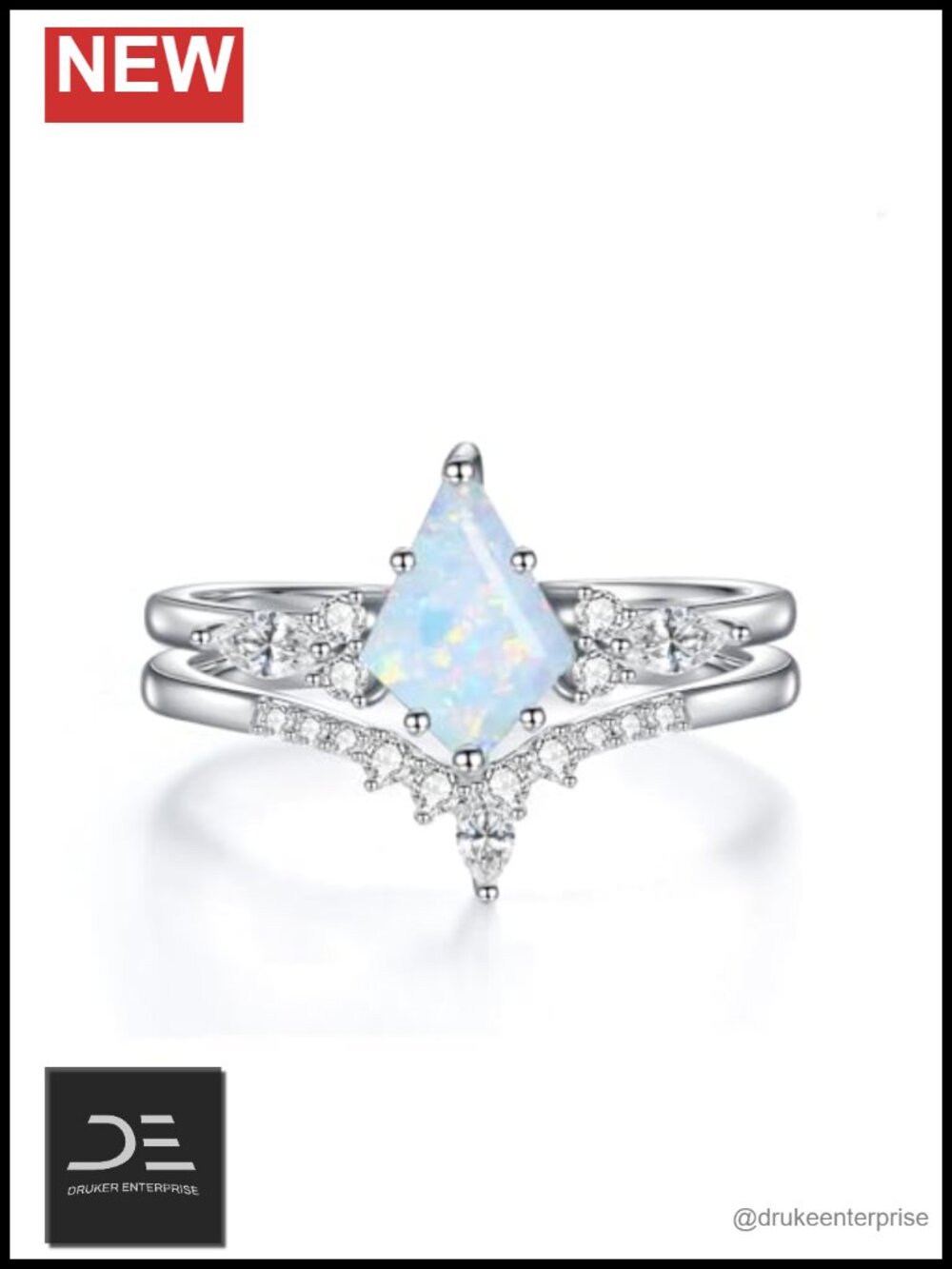 Natural Opal 925 Sterling Silver Kite Cut Promise Ring Set
